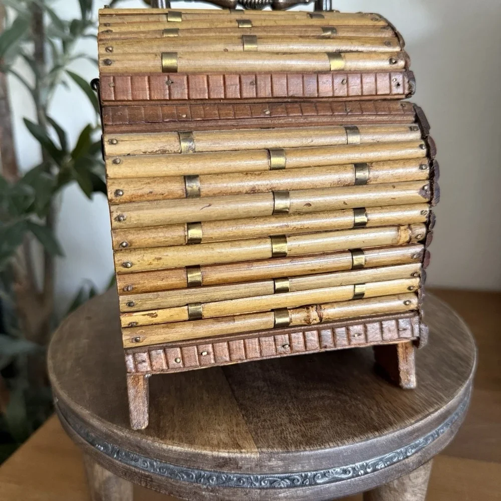 Vintage Bamboo Rattan Wooden Treasure Chest Trinket Box Hinged w/ Metal Latch 6